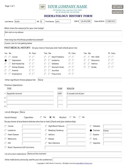 Dermatology History Form