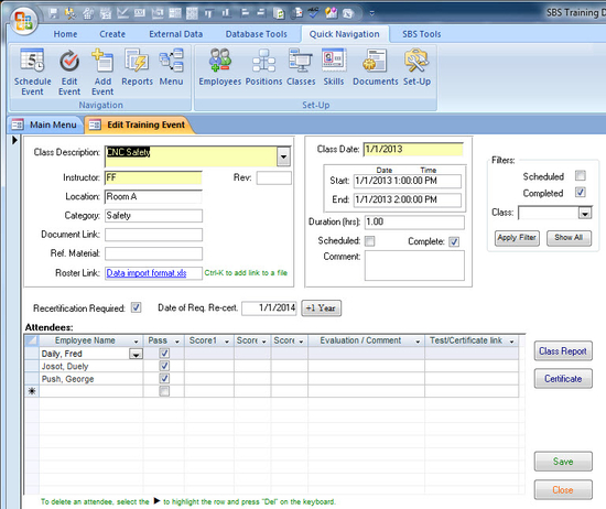 SBS Training Database